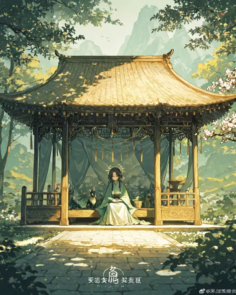 An ancient Chinese painting,The opera Hua Dan faded out of the draft，Midsummer，Jasmine blossoms，Yamakawa，the trees，rios，Far Mountain Chinese wooden pavilion，Silk flutters，Wallpapers