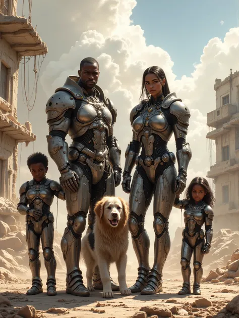 Cybernetic Family of a Black Man Woman girl boy and a dog, standing in the rubble of a building during the post apocalypse, daytime, ruined degraded buildings in the background, dust cloud in the background