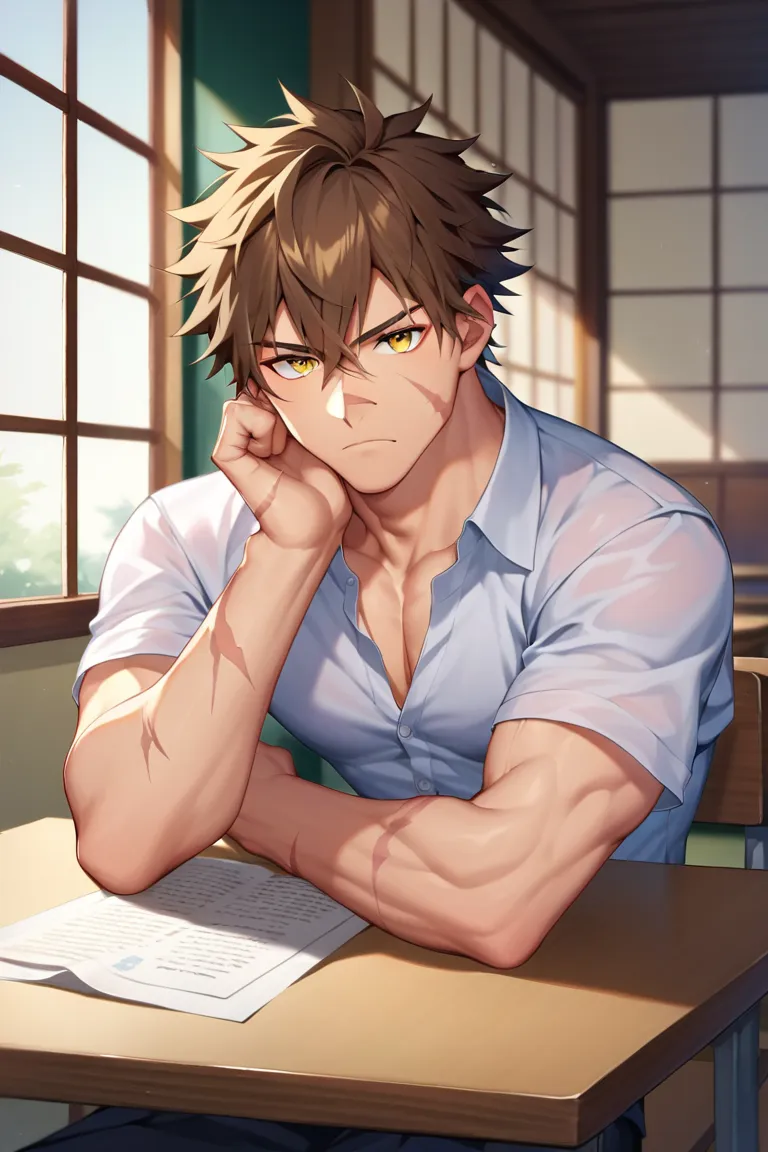 sole young man, modern school uniform, muscular, wide shoulders, serious, frowning, brown hair, yellow eyes, doudanuki masakuni, messy hair, traditional japanese house background, inside home, diagonal scar across nose, hair down, sitting, scars on hands, ...