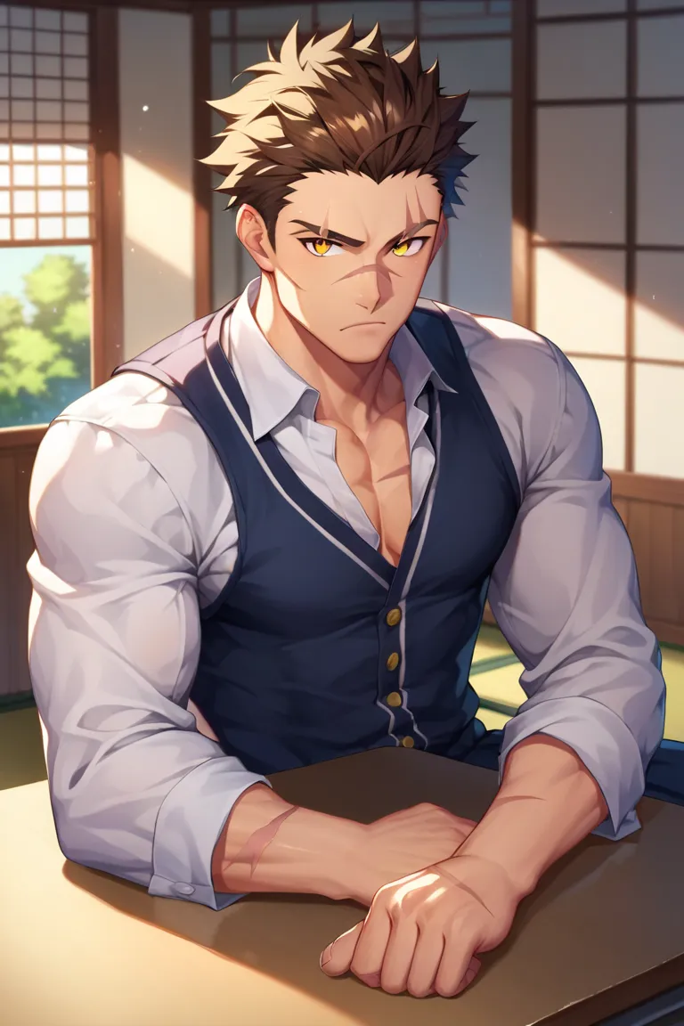 sole young man, modern school uniform, muscular, wide shoulders, serious, frowning, brown hair, yellow eyes, doudanuki masakuni, messy hair, traditional japanese house background, inside home, diagonal scar across nose, hair down, sitting, scars on hands, ...