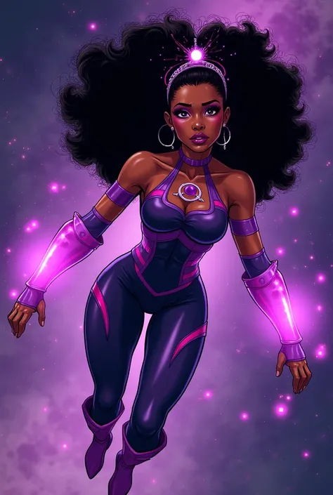 (comic style:1.3), (line art:1.5), (full body),(masterpiece, award winning, best quality:1.3), (flat color:1.3),(colorful:1.3), 1 woman ((solo)), African, superhero, dark skin, fluffy black afro hair with purplish red streaks, eyes glowing in bright purple...