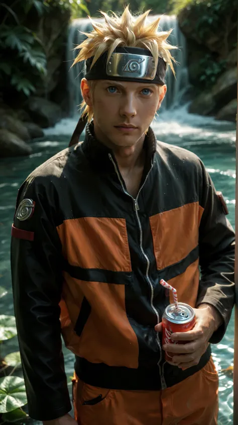 score_9, score_8_up, score_7_up, detailed, wallpaper, beautiful details, naruto uzumaki, 1boy, male focus, looking at viewer, blonde hair, forhead protector, konohagakure symbol, whisker markings, blue eyes, jacket, orange pants, standing ,drinking coke , ...