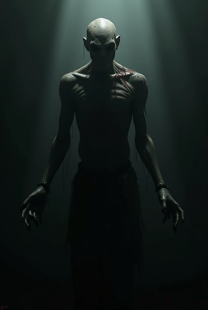 A terrifying image of Adu stepping out from the shadows. His eyes are hollow, his skin stretched tight over his bones, and his entire body is covered in streaks of dried blood.