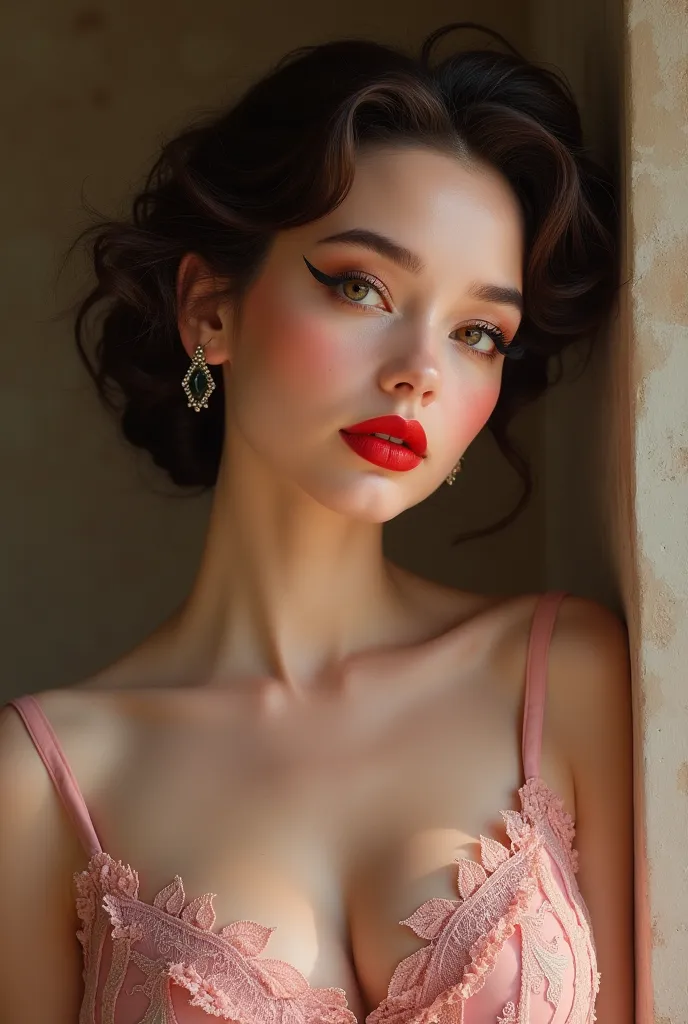 Create an image of a woman wearing a pink lace dress, red lipstick,  kitten eyeliner , Earring rings on the ears show the whole body