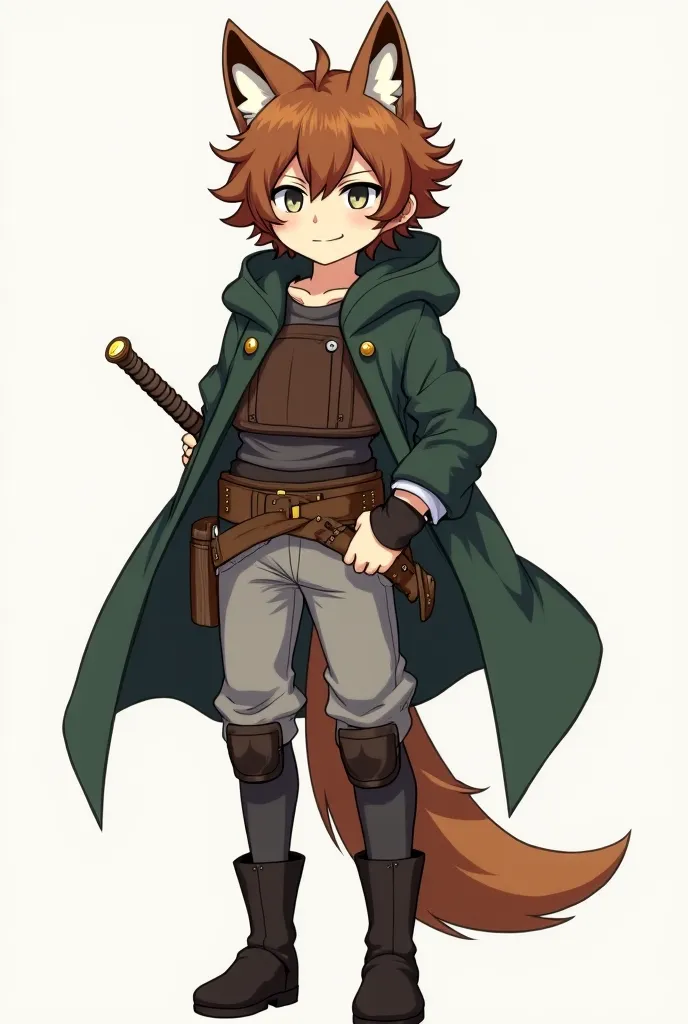 anime style,  Anime Boy, creamy skin, curly brown hair,  grey eyes, chestnut wolf ears and wolf tail, black boots,  grey pants, leather knee pads , dark green coat, leather protective bib, a sword hanging on the right thigh 