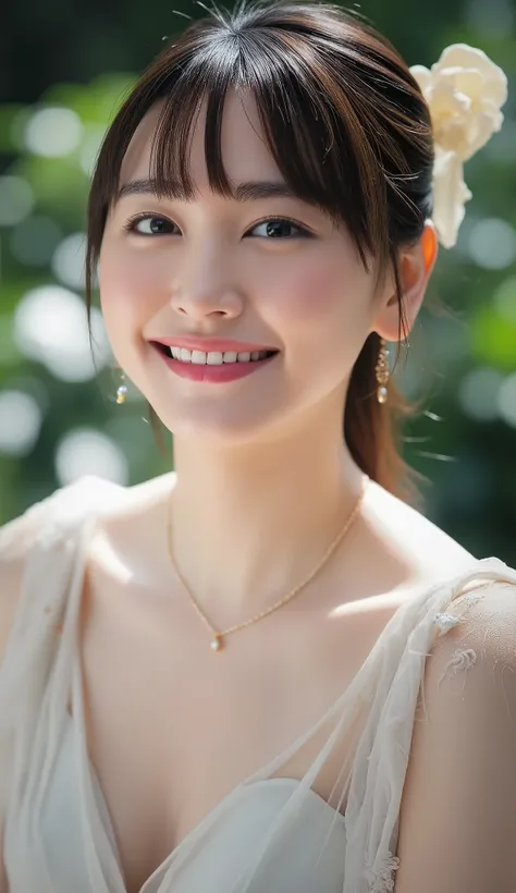 ((addielyn)), Random posture, (An extremely delicate and beautiful work), (masterpiece), 1girl, extremely detailed elegant wedding dress, tiara, highly detailed, ponytail contorted, charming expression, beautiful and clear eyes, green eye pupil, delicate n...
