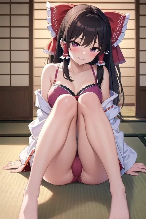 ((best quality)), ((masterpiece)), (detailed),1 girl。Reimu。(moving composition)。tatami。clothes open。bra。smiles。Sit with your knees apart。pussy juice spills。masturbation。