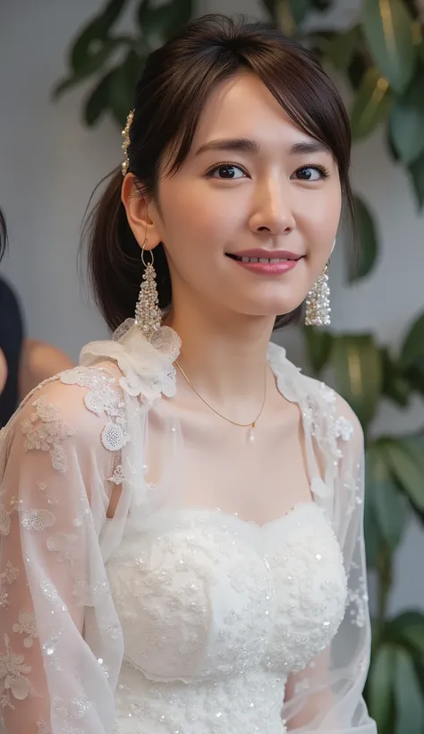 ((addielyn)), Random posture, (An extremely delicate and beautiful work), (masterpiece), 1girl, extremely detailed elegant wedding dress, tiara, highly detailed, ponytail contorted, charming expression, beautiful and clear eyes, green eye pupil, delicate n...