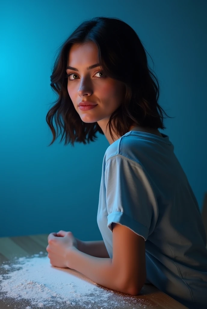 "a young woman with dark hair, with your back on a wooden table, wearing a blue and white t-shirt with a flirty look. Around you, there is a white powder scattered on the table, The soft blue light is illuminating his back. The image you should generate is...