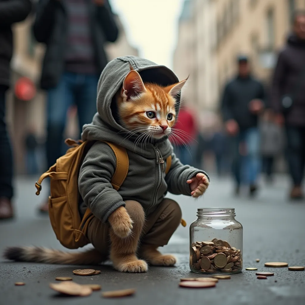 
A small street kitten , still looking worn out, he is working on the street and receiving money from people who pass by. He has a determined expression, but his coat is still a bit messy and his clothes are worn. Some kind people are leaving coins or smal...