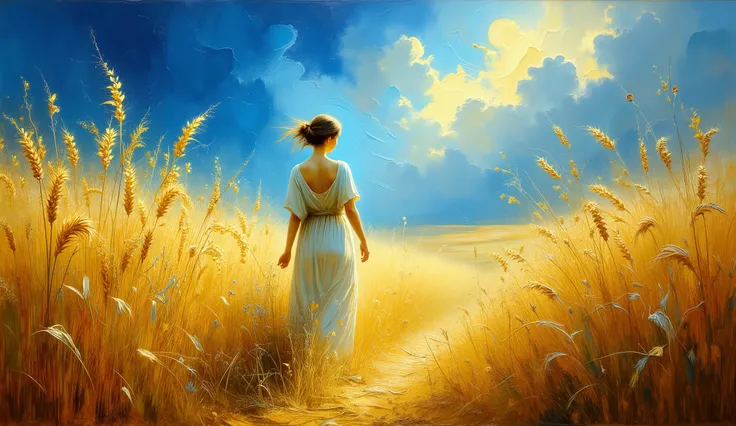 an oil painting inspired by Van Gogh, depicting a lone roman woman walking through a golden wheat field, his hands grazing the tall stalks, under a vivid blue sky with swirling clouds.The wind carries the leaves and golden grains, giving a magical air to t...
