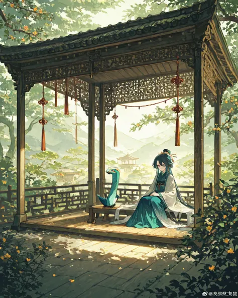 An ancient Chinese painting,The opera Hua Dan faded out of the draft，Midsummer，Jasmine blossoms，Yamakawa，the trees，rios，Far Mountain Chinese wooden pavilion，Silk flutters，Wallpapers