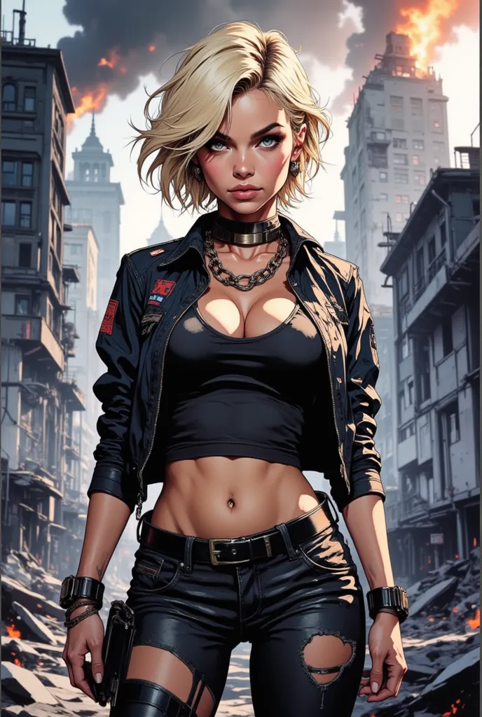 oil painting, sexy girl 22 years old, blonde, short hair, bright blue eyes, black sexy jeans, black jacket, watercolor background of a destroyed modern sity, black fog, dynamic pose, roaring magic around, fire, lightning in the sky, hip-length portrait, lo...