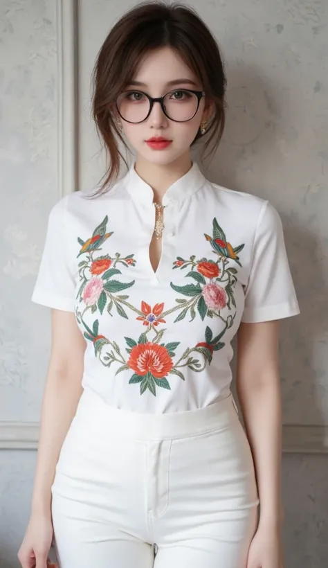 深棕色长curls，exquisite makeup， red lips， wear dangling earrings ，A brightly colored flower and bird pattern is embroidered on the chest， delicate stitching 。Asian Beauties，35 years old，Slightly mature young woman's style，curls，Hair on one side， necklace，white...