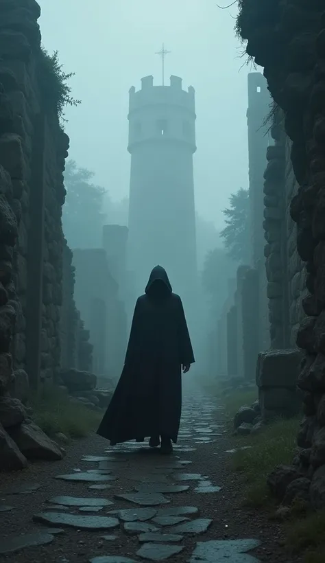 A lone, cloaked figure walks down a path through a misty cave, gothic landscape. The figure is shrouded in darkness, their face hidden by a deep hood. The path is lined with crumbling ruins and weathered stone structures. In the distance, a shadowy tower l...