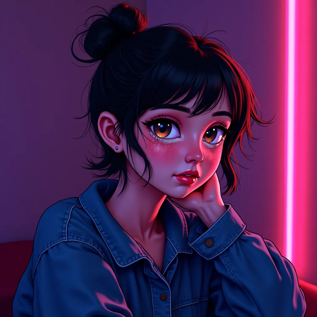 "A girl with glitter tears makeup under her eyes, messy bun hairstyle, wearing an oversized denim jacket in a neon-lit room." Cartoon style 