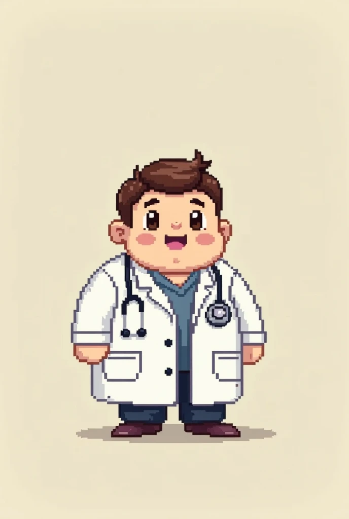 Create a pixel image with few simple colors of a chubby doctor but not so fat, May it be pretty with brown eyes friendly and smiling 