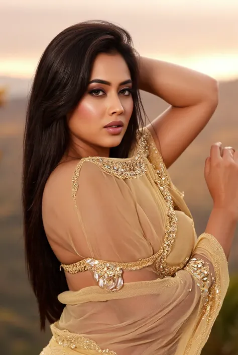 1girl, Looking at viewer, Long Hair, Black Hair, outdoor sunset at mountain , sexy single long fancy saree and bra, golden transparency, full body realistic, from behind 