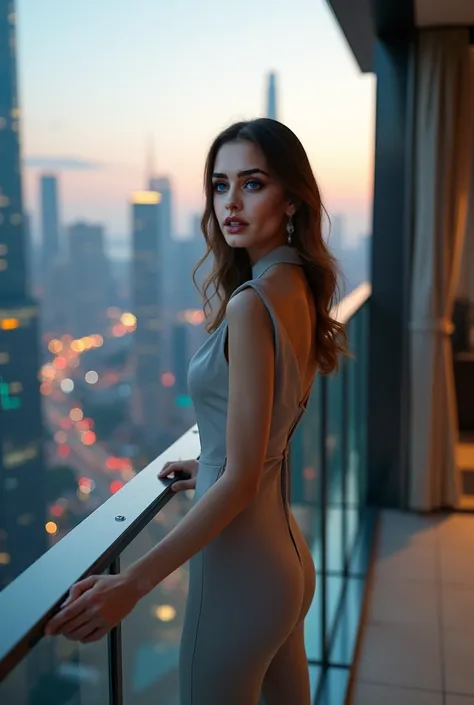 Here's a detailed prompt for creating a hyper-realistic 8K image of a stunning 24-year-old female model posing on the 18th-floor balcony of a business park tower, with a high-tech cityscape as the backdrop, captured from a drone's side view:

**"A hyper-re...