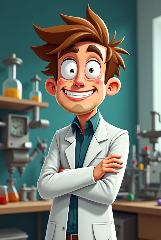 A cartoonish and humorous engineer wearing a lab coat. After a failed experiment, he shrugs his shoulders and looks at the camera with a carefree and slightly mischievous expression. His face is slightly messy, possibly with egg yolk splatters. One eyebrow...