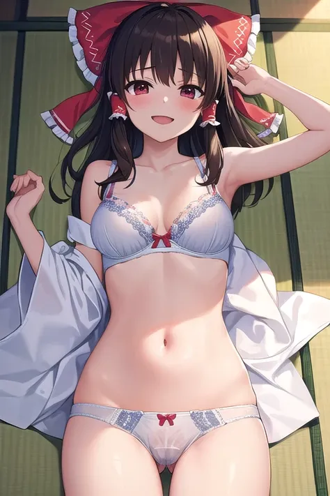 ((best quality)), ((masterpiece)), (detailed),1 girl。Reimu。(moving composition)。tatami。clothes open。bra。panties。smiles。lie down。 raise both hands。pussy juice spills。masturbation。