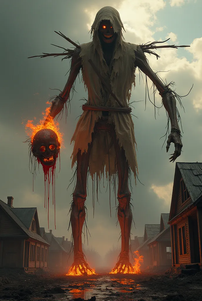 a giant scarecrow with a flaming head in its hands, Blood dripping behind a burning plantation