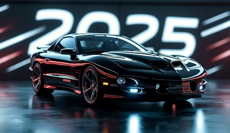 "A high-quality YouTube thumbnail featuring a futuristic 2002 Pontiac Firebird Formula with a sleek, glossy black exterior. The image showcases the car's aggressive design, illuminated by glowing white accent lights, emphasizing its modern and high-tech en...