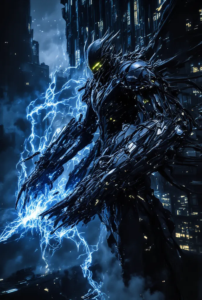 "A towering cybernetic warrior stands atop a futuristic skyscraper, his mechanical arms glowing with pulsating neon circuits. With a sudden thrust, he releases a massive wave of blue energy, distorting the air and sending shockwaves through the entire city...