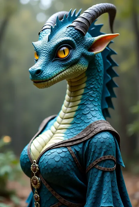 A female dragonid (more dragon than man) with a curvy body. She has blue and blue scales with shades of green. The eyes are yellow and with shades of blue. She wears medieval clothes. She has two horns starting from the temples