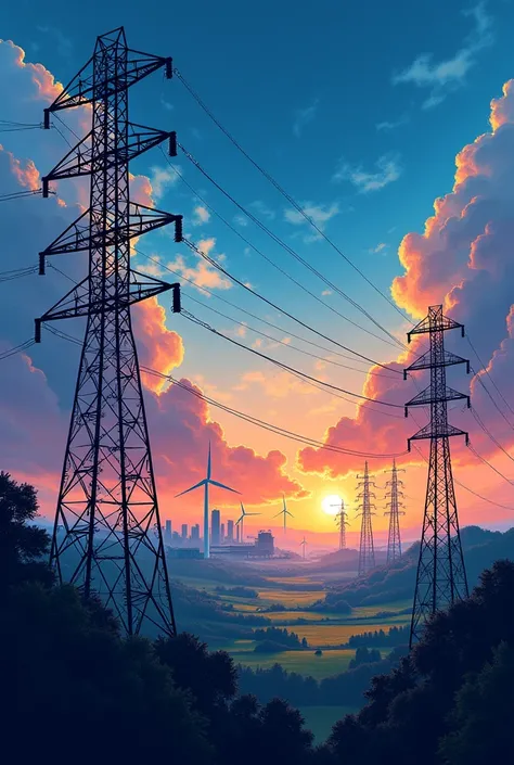 "Design an artistic representation of transmission lines in a modern landscape, where the focus is on both their structural beauty and their functional significance. Show a variety of transmission towers weaving across a dramatic sky, with power lines exte...