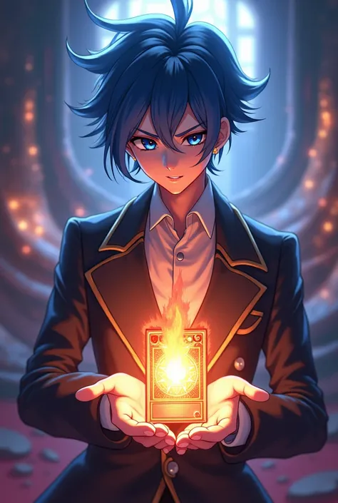 an anime character, with blue hair, Male Hair, , elegant dress with a jacket holding a Yu-Gi-Oh card and that card be the Promethean Princess, Flame-Granter. With a resolution in 4k 