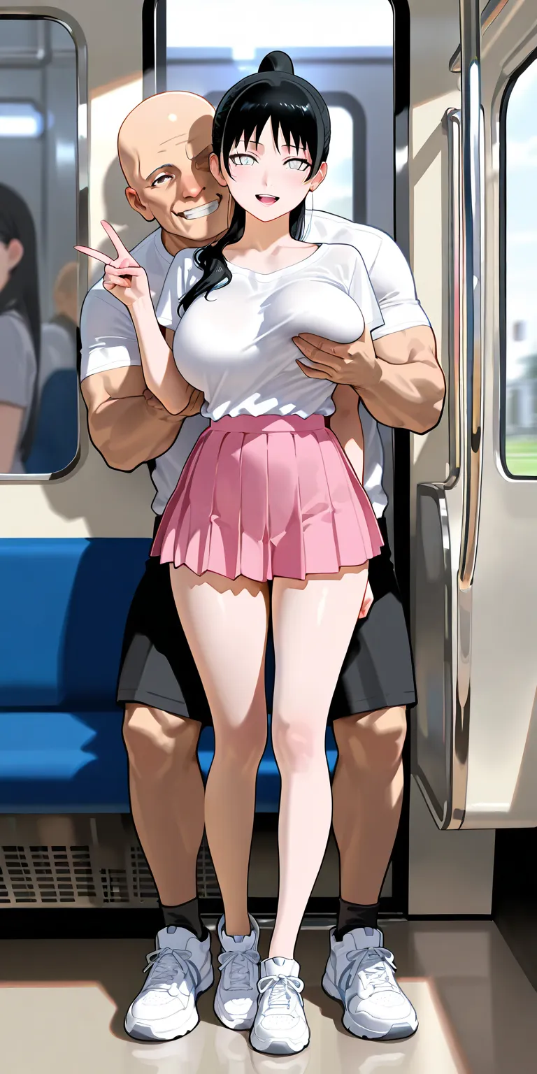 One panel view, Masterpiece, newest, vibrant, very aesthetic, high contrast, mature woman, white eyes, hinata hyuga\(boruto\), high ponytail long hair, white t-shirts, pink pleated mini skirt, white sneakers, big breast, full body, standing, hand gestures ...