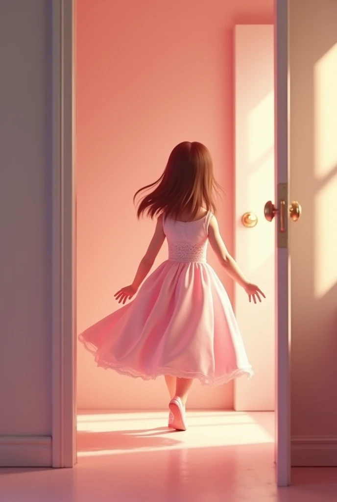 Still the character as the mother in the white dress, a pink dress like the one you just created. Please create help me photos with content: My (girl pink dress you just created earlier)  eager , Have fun running into the bedroom.. Funny 3d cartoon photo a...