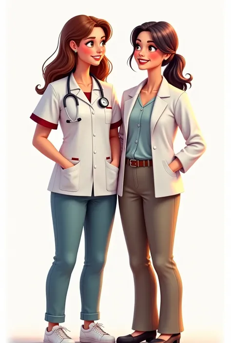 Create a high-resolution image of a nurse and a teacher standing side by side in a completely white background, with a warm and inviting smile on their faces. The women should have a realistic and natural appearance, with a focus on capturing their body la...