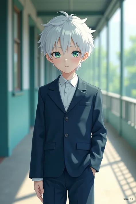 Garoto de cabelos  White s,  Japanese school uniform , blue and green eyes,  White 