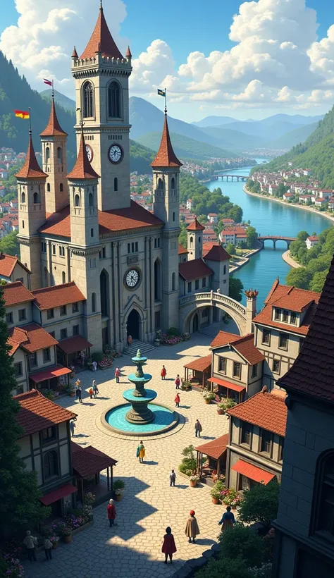 Create a sprawling illustration of the medieval fantasy city of "Stonehaven," a bustling metropolis built on the banks of a wide, winding river. The city is characterized by its impressive stone architecture, with towering castles, grand cathedrals, and st...