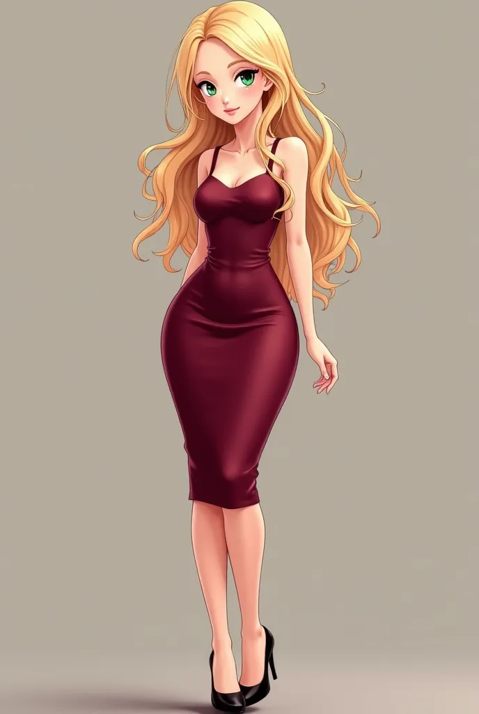 An adult anime-style but VERY REALISTIC girl of 20 years of 1,65cm, Very light blond hair, Very long plain, with CLARITOS green eyes, Developed , that is to say,  with curves, wearing a maroon fitted dress and black heels