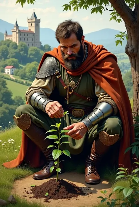 MEDIEVAL MAN WINNING SIT DOWN TO PLANT