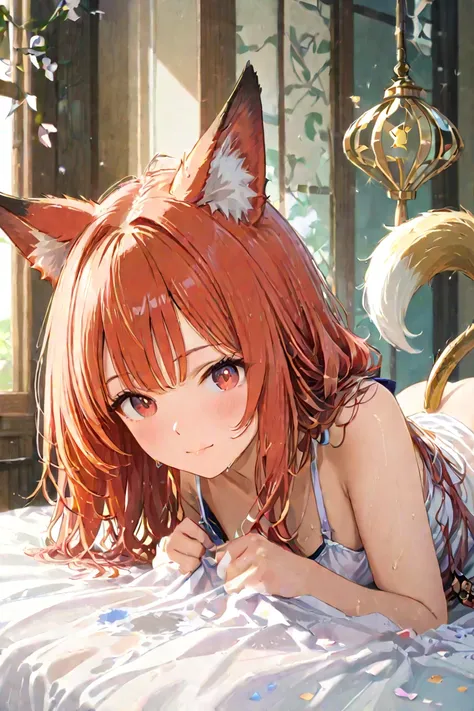 Young girl, Fox Girl,  Gold, Medium bob and slightly unkempt, red eyes, One tail, Background of wet sheets hanging out to dry,