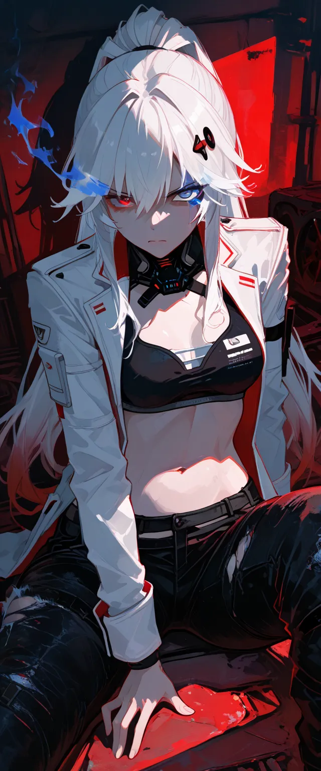  top quality , masterpiece,        748cm style       ,        1 girl,   ,       viewers,  ,      serious expression,,      Punishing Gray raven、     Lucia、     white jacket, frayed hair long hair, white hair, gradient hair, hair ornament, heterochromia, re...