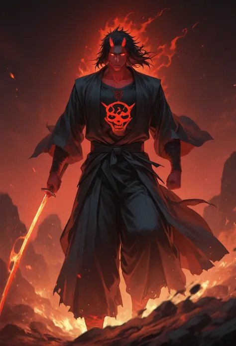 1 man with black hair, anime style, red oni horn, red glowing eyes, good looking, sharp eyesight, wearing black clothes, background is fire.