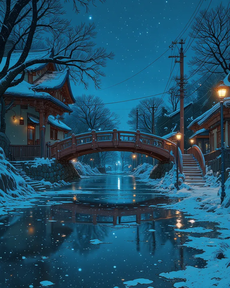 "A serene winter night in a snow-covered Japanese village. A delicate wooden bridge, coated in fresh snow, arches gracefully over a frozen river. Snowflakes continue to fall gently from the starry sky, landing softly on the bridge's surface. Traditional st...