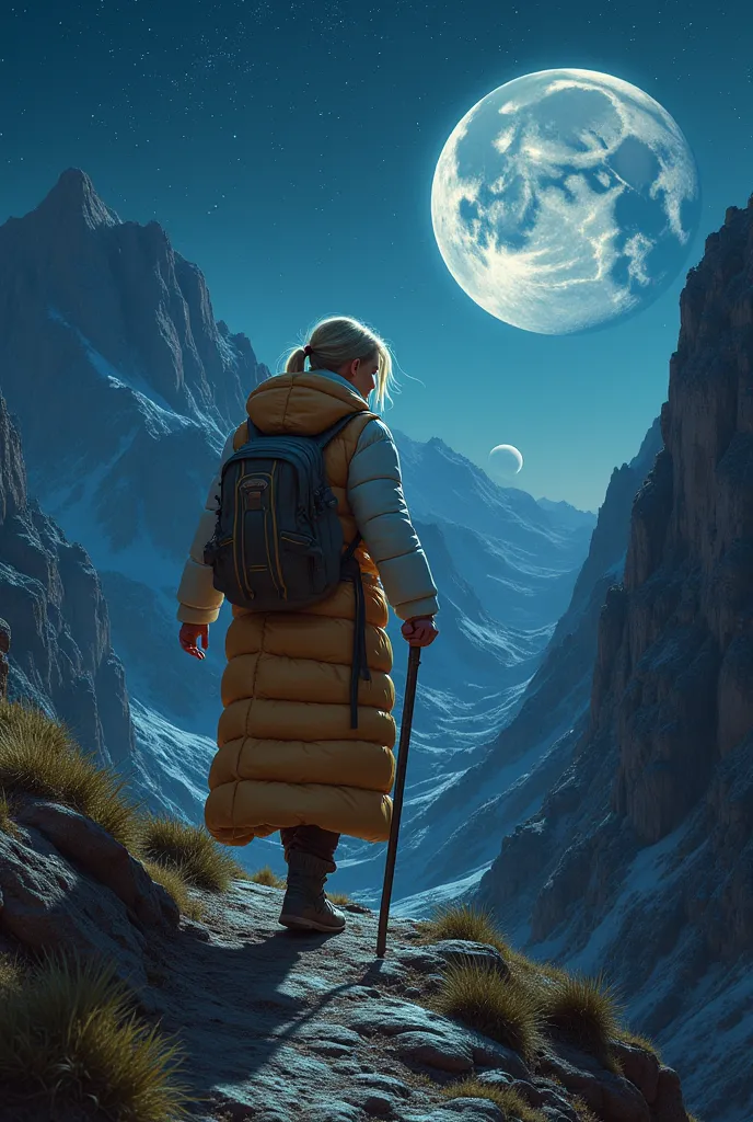 a blonde 25-year-old woman with a ponytail, dressed only in a floor-length thick, quilted, shiny down vest, walks up a steep mountain path on an alien planet, two moons are rising behind the mountains, it is night and you can see the stars and alien planet...