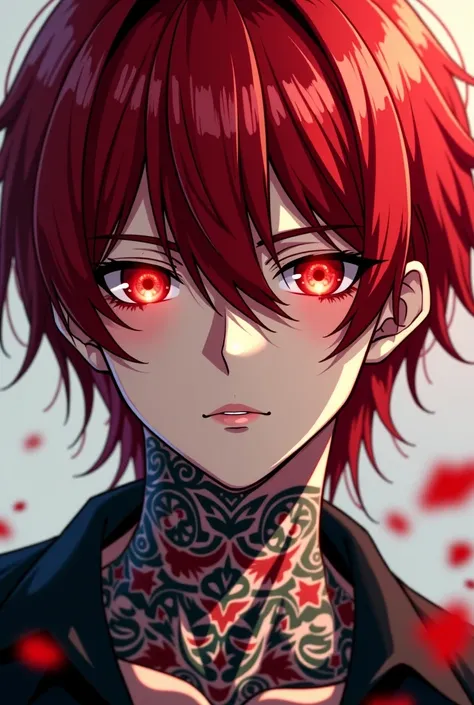 a close up of a person with red hair and tattoos, an anime drawing inspired by Yamagata Hiro, trending on pixiv, gothic art, handsome japanese demon boy, anime boy, male anime style, anime vampires, male anime character, with red glowing eyes, anime handso...