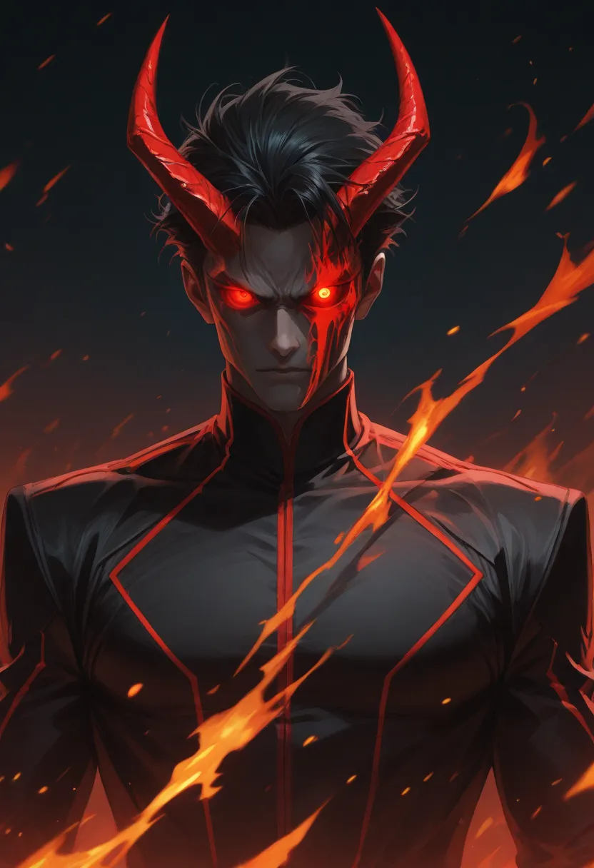 1 man with black hair, anime style, red horn, red glowing eyes, good looking, sharp eyesight, wearing black clothes, background is fire.