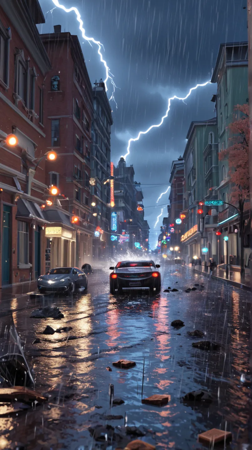 A violent storm rages at night. Rain pours down heavily, and lightning splits the sky. The flooded street is filled with rushing water, debris floating dangerously. The atmosphere is dark, chaotic, and intense, animated in Pixar/DreamWorks-style 3D.