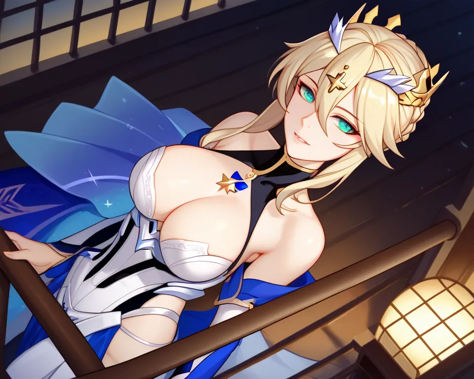 masterpiece, very aesthetic, vibrant,  high contrast, mature woman, artoria pendragon (Lancer) (destin), shiunXL , haut court, under the breasts , attractive, angle bas, best quality work of art, House,  semi-realistic ,  Honkai: star rail style CG