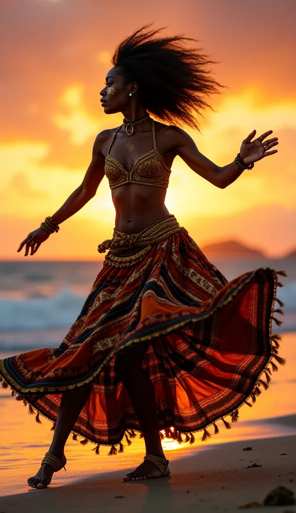 ((best quality)), ((masterpiece)), ( detailed), A woman with ebony skin and majestic black power hair performs an afro dance on a third beachfront in Salvador. Her torso wrapped in a tribal-print cropped in gold and black matches a long and flowing skirt i...