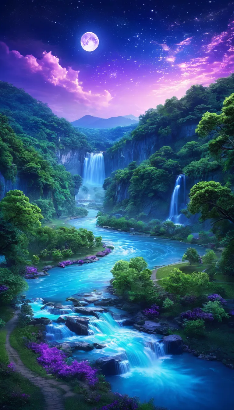 scenery scene, river in the middle, dreamy night sky, purple and blue night sky, full moon, moonlight on the river, moonlight in the sky, waterfall flowing down, Trees on both sides of the road along the river., Sparks, fairy tale, Wonderland, bright, Girl...