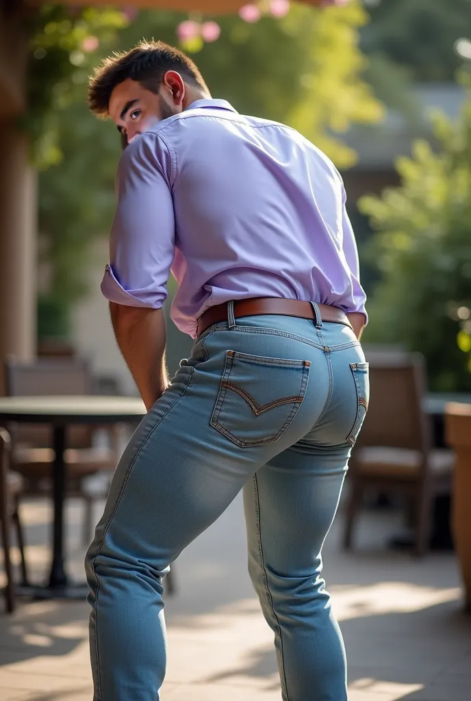 Fotografía realista, 35-year-old muscular (((atletic man))) , , View from below, nalgon bent over de espaldas, stripe light light purple formal shirt and very tight pale blue levis jeans, brown belt, de perfil, Big butt, viendo a cámara, ojos negros, en el...